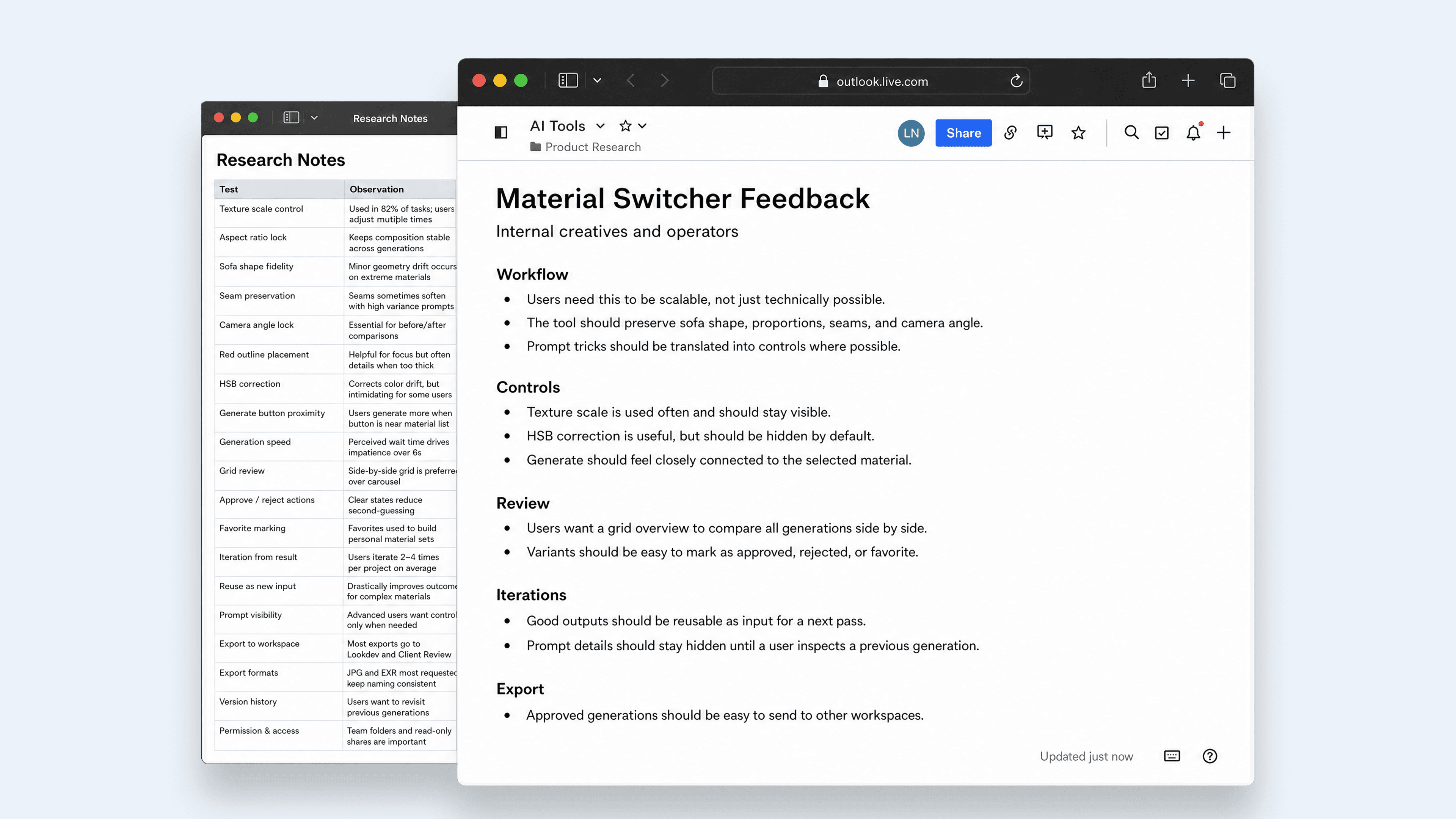 Feedback notes gathered during the material swap workflow design process